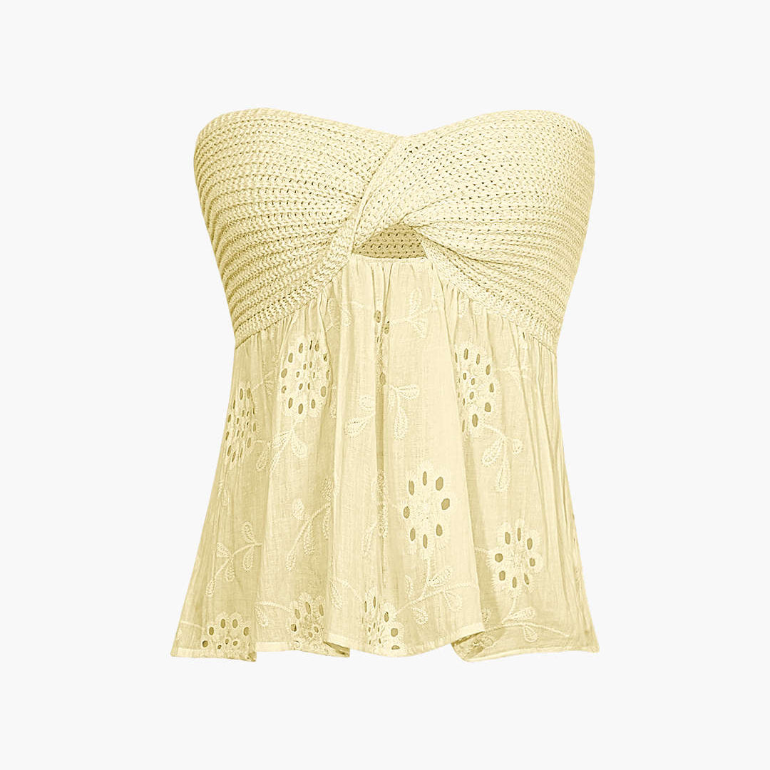 Knot Front Knit Embroidered Tube Top